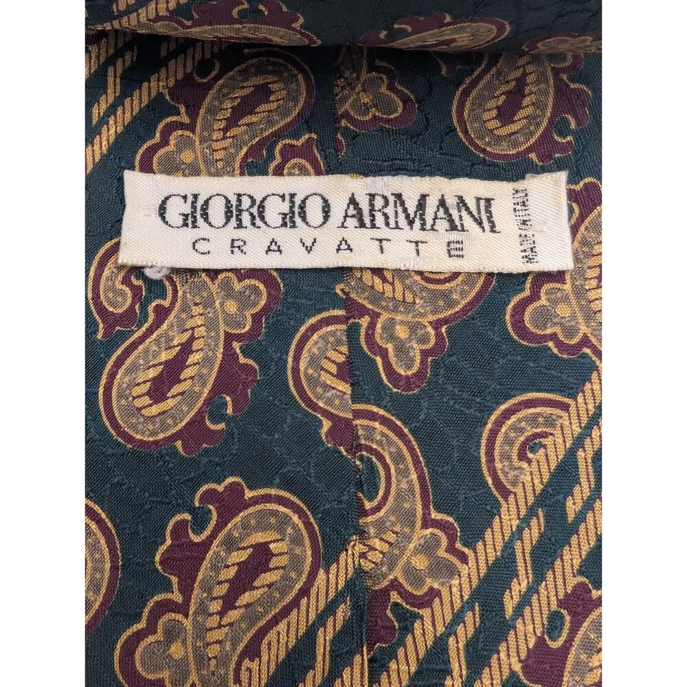 Giorgio Armani Silk Mens Tie Paisley Pattern Green Gold Red Striped Luxury Class